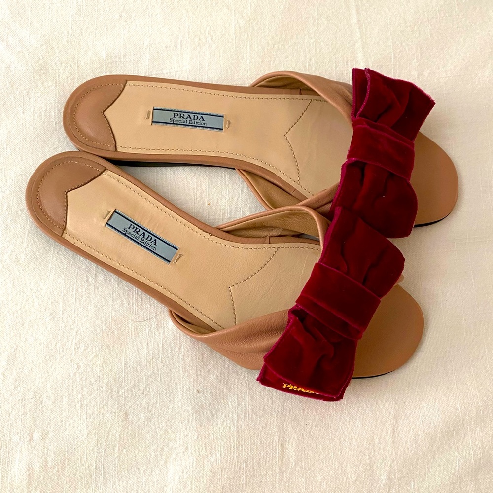 PRADA Special Edition Leather Flat Sandal- Pink with Velvet Bow